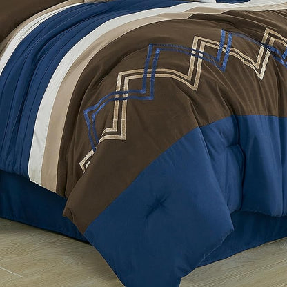 Chezmoi Collection Arden 7-Piece Modern Pleated Stripe Embroidered Zigzag Bedding Comforter Set (King, Coffee/Brown/Navy/White)
