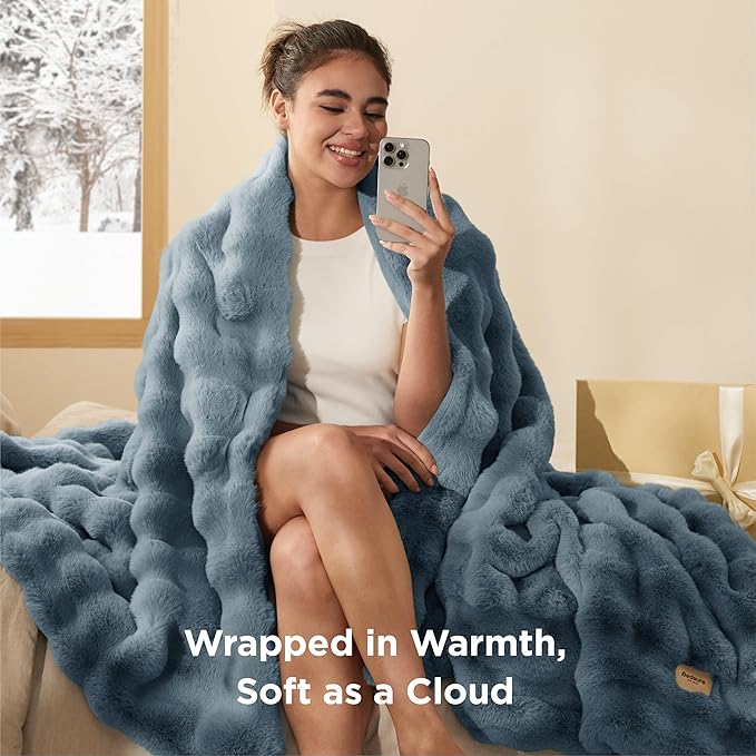 Bedsure GentleSoft Fluffy Fuzzy Greyish Blue Throw Blanket, Soft Cozy Fleece Faux Fur Blanket for Couch, Blue Room Decor Minky Velvet Bed Cover, Thick Warm Plush Birthday Gifts for Women Men Over 60