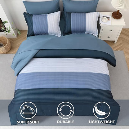 WONGS BEDDING Navy Blue Comforter Set Queen, Reversible Striped Patchwork Down Alternative Comforter,3 Pieces (1 Comforter+2 Pillowcases), Soft Microfiber Bedding Duvet Insert Set 90"×90"