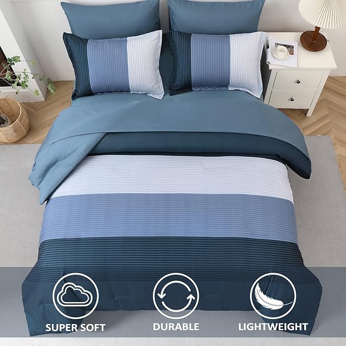 Navy Blue Comforter Set King, Reversible Navy Blue Striped Down Alternative Comforter for King Bed,3 Pieces (1 Comforter+2 Pillowcases), Soft Microfiber Bedding Duvet Set 104"×90"