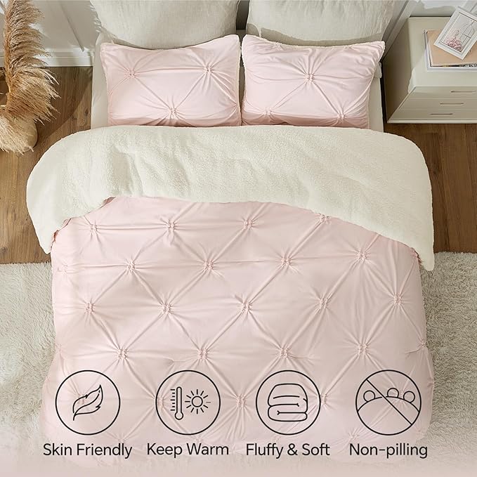 BEDELITE Pintuck Fluffy Twin Comforter Set - Super Soft Sherpa Pink Comforter for Twin Size Bed, Luxury Warm Bedding Set for Winter, Fuzzy Bed Set 2 Piece (1 Comforter, 1 Pillowcase)
