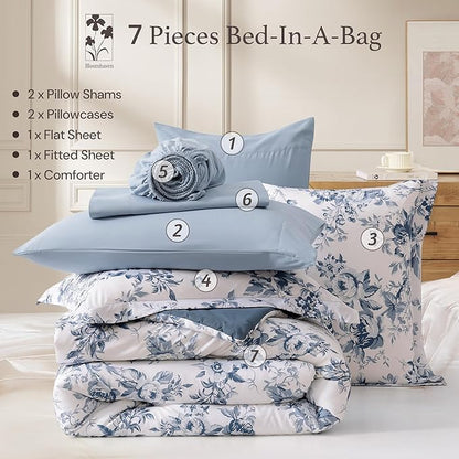Oversized King Comforter Set -7 Pieces Floral Rain Washed Bedding Set for All Seasons, Bed in a Bag with Botanical Flowers Comforter, Sheets, Pillowcases & Shams