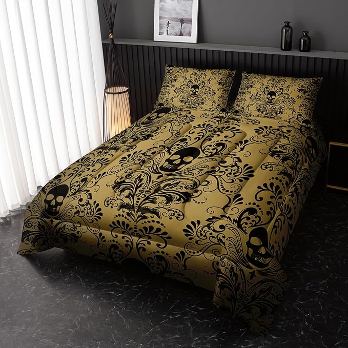 Adults Yellow Gothic Comforter Set King Size,Vintage Damask Floral Bedding Set 3Pcs,Bohemia Bedding Set Goth Skull Printed Quilted Set for Teens Adult with 1 Comforter and 2 Pillowcase