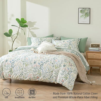 Floral Cotton Comforter Queen Size - Botanical Wildflower Pattern with Soft Pestel Accents on White, Textured Dusty Green Back, 3PC Lightweight Bedding Set with Down Alternative Fill(90"×90")