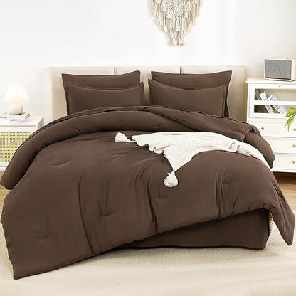Litanika King Size Comforter Set Brown - 7 Pieces Bed in a Bag King Bedding Comforter Sets, Solid Lightweight Bed Set with Comforter, Sheets, Pillowcases & Shams