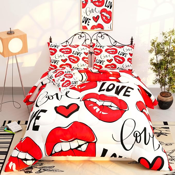 Namoxpa6 Pieces Love Themed Comforter Sets for Teens Girls,3D Red Lip Pattern,Decorative 6 Piece Bedding Sets with Comforter,Flat Sheet,Fitted Sheet,Throw Pillow Cover,Pillow Shams,Full Size