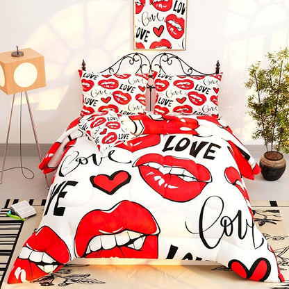 Namoxpa6 Pieces Love Themed Comforter Sets for Teens Girls,3D Red Lip Pattern,Decorative 6 Piece Bedding Sets with Comforter,Flat Sheet,Fitted Sheet,Throw Pillow Cover,Pillow Shams,Queen Size