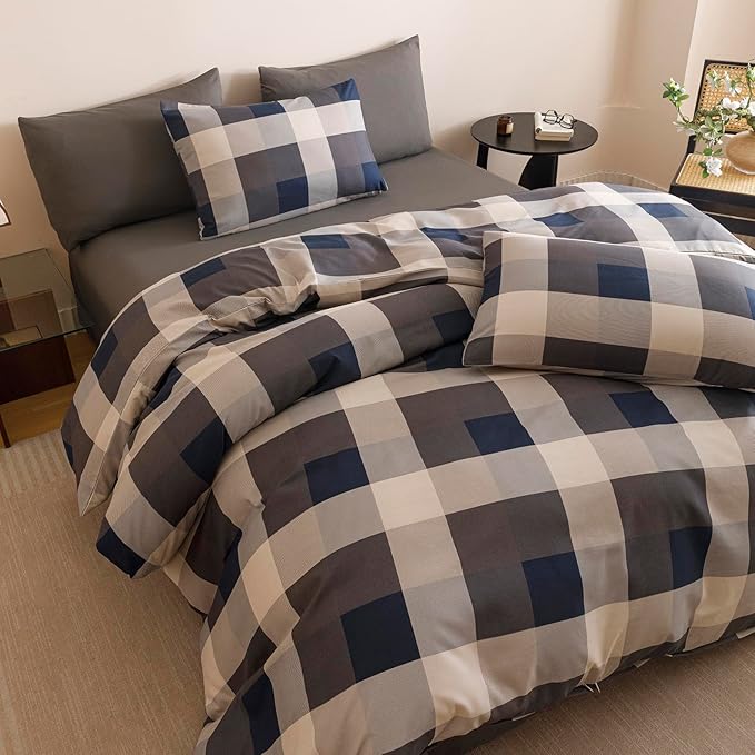 CLOTHKNOW Blue Grey Plaid King Size Comforter Set Gingham Buffalo Bedding Comforter Sets Geometric Comforter King Sets with 2 x Pillow Cases
