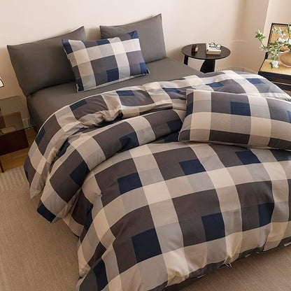 CLOTHKNOW Blue Grey Plaid King Size Comforter Set Gingham Buffalo Bedding Comforter Sets Geometric Comforter King Sets with 2 x Pillow Cases
