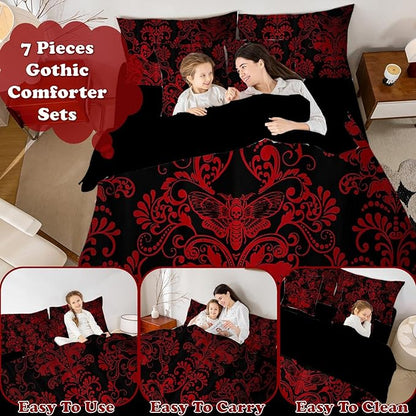 Erosebridal Gothic Damask Bed in a Bag Queen Comforter Set 7 Piece,Exotic Moth Bedding Sets Red Black Victorian Floral Goth Sheet Set with Comforter