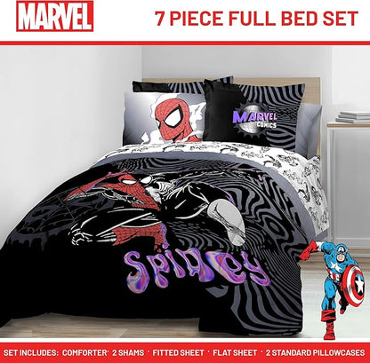 Jay Franco Kids Comforter Set Includes Sheets and Pillow Covers - Soft and Cozy Bed Set for Stylish Room Decor, Black - Marvel Comics, 7 Piece Full Size Bedding