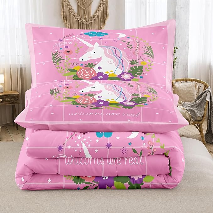 Tailor Shop Unicorn Girls Comforter Set Full Size Unicorn Pink Bedding Sets for Girls Kids Flower Comforter Set Room Decor Ultra Soft Bed Set with 2 Pillowcase…