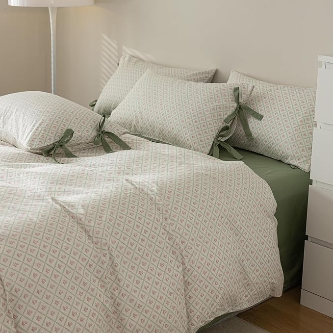 HighBuy Vintage Floral Comforter Set King Size Cozy Fluffy Pink Flower Grids Print Comforter with 2 Bowknot Bow Tie Pillowcases Farmhouse Chic Coquette Aesthetic Bedding Comforter Set