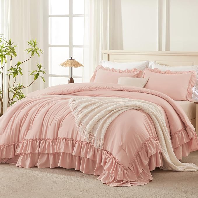 Andency Blush California King Comforter Set(104x96Inch), 3 Pieces Farmhouse Shabby Chic Ruffle Bed Comforter, Lightweight Fluffy Soft Microfiber All Season Bedding Comforter Sets