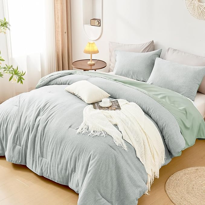DECMAY Twin Comforter Set with Sheets, 5 Pieces Twin Comforter Set, Cationic Dyeing Bed in a Bag Bedding Set with Comforter, Flat Sheet, Fitted Sheet, Pillowcase and Pillow Sham (Twin, Light Green) | twin comforter set, twin bedding set, twin bed set