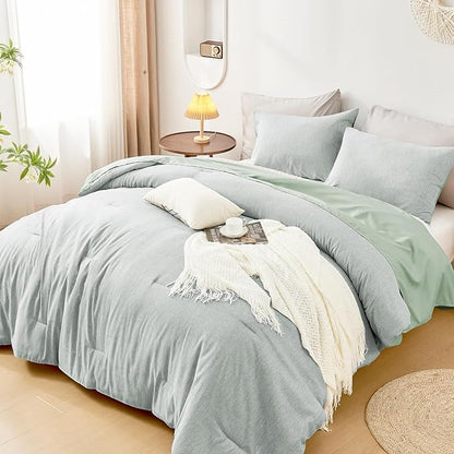 DECMAY Twin Comforter Set with Sheets, 5 Pieces Twin Comforter Set, Cationic Dyeing Bed in a Bag Bedding Set with Comforter, Flat Sheet, Fitted Sheet, Pillowcase and Pillow Sham (Twin, Light Green) | twin comforter set, twin bedding set, twin bed set