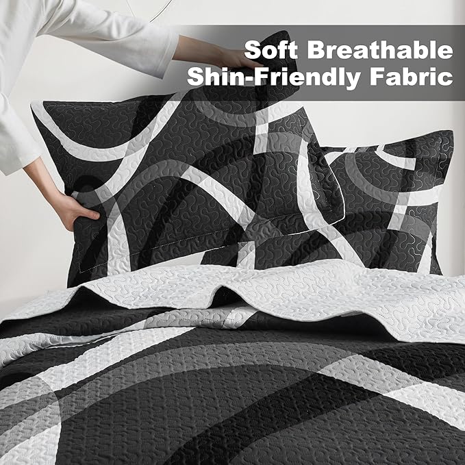 weesire Black and White Bedding Quilt Queen Size with 2 Shams, Modern Stripe Comforter Sets Classic Line Pattern Bedspreads Grey and White Coverlet, 90''x96''