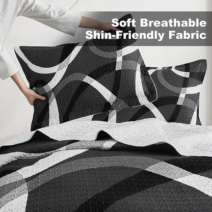 weesire Black and White Bedding Quilt King Size with 2 Shams, Modern Stripe Comforter Sets Classic Line Pattern Bedspreads Grey and White Coverlet, 96''x106''