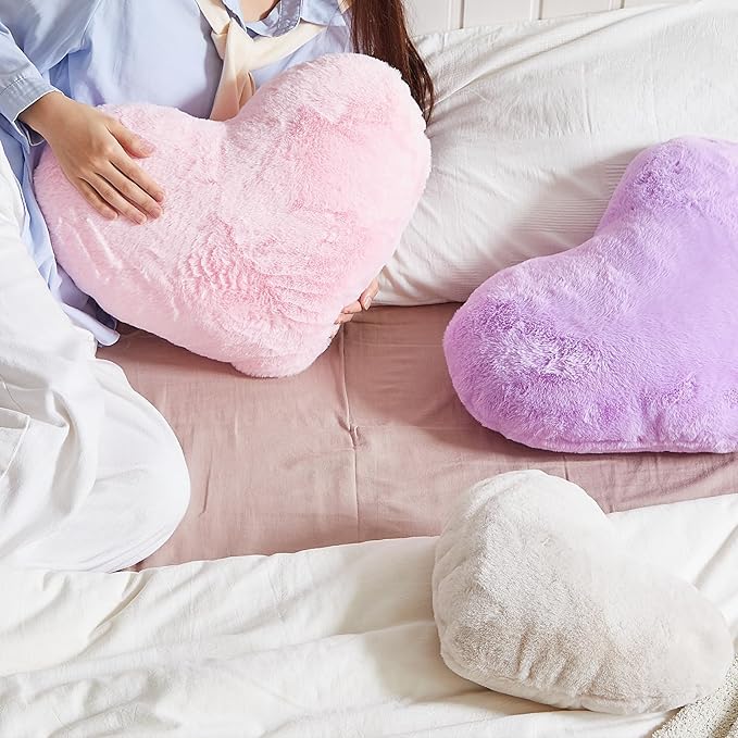 EastTree Valentines Heart Pillows, Dusty Pink Heart Shaped Pillows, Love Throw Pillows Gifts, Soft Faux Rabbit Fur Cute Pillows, Women Girls Kid Room Decor 10x13 Inch