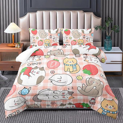 Kawaii Comforter Set for Girls Kids Kawaii Cat 3 Pieces Bedding Set Queen Size,Cartoon Strawberry Bed Set Quilts Set Lightweight Soft Microfiber Warm Down Alternative All Season With 2 Pillowcase