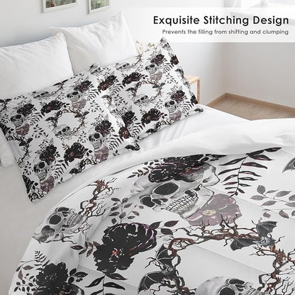 Comforter Set Queen Size, Vintage Sugar Soft 3 Pcs Bedding for Kids and Adults, Flower Dead Gothic Comforter Set with Pillowcase, for Bedroom Bed Decor