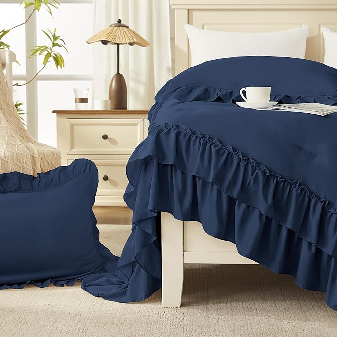 Andency Navy Blue Queen Comforter Set (90x90Inch), 3 Pieces Lightweight Fluffy Ruffle Bedding Comforter Sets for Queen Bed, Farmhouse Shabby Chic Soft Microfiber All Season Bed Set