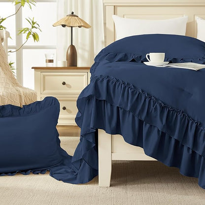 Andency Navy Blue Twin Size Comforter Set (66x90Inch), 2 Pieces Fluffy Shabby Chic Ruffle Bedding Comforter Sets, All Season Soft Lightweight Microfiber Bedding Set for Kids, College Dorm