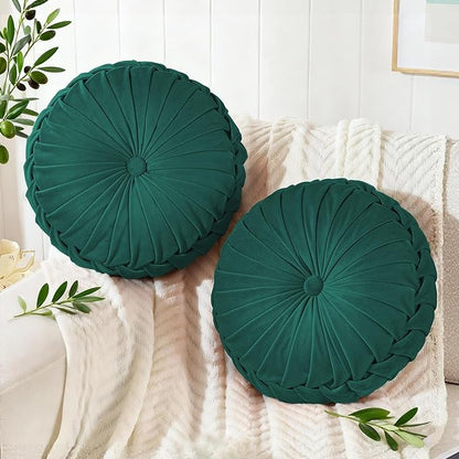 ROSE&RISY Round Pleated Velvet Throw Pillows, 2 Pcs Decorative Accent Pumpkin Pillow Cushion for Couch Sofa Chair Bed Car Home Decor (14.5 Inch, Teal)