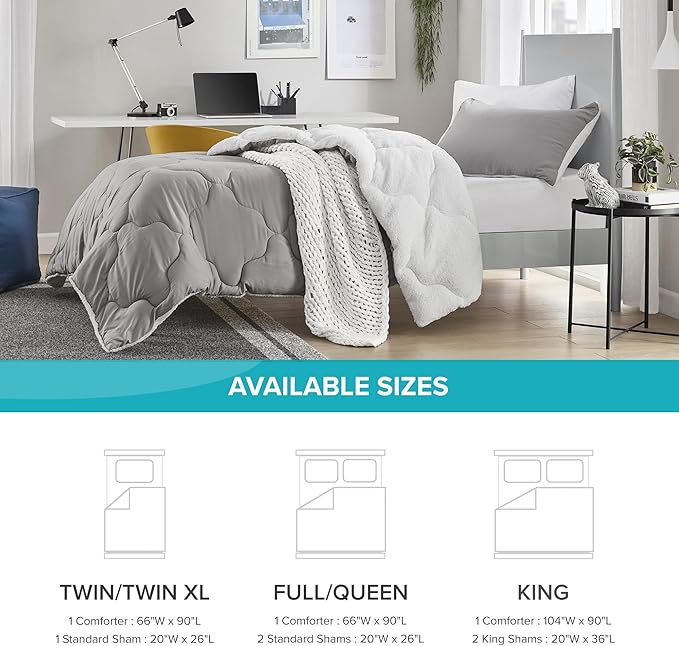 Comfort Spaces Comforter Set, Chic Reversible Quatrefoil Quilting, Sherpa Comforters Twin, All Seasons, Lightweight Microfiber Bedding Set Matching Sham, Vixie, Twin/Twin XL Grey/White 2 Piece