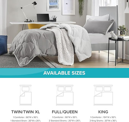 Comfort Spaces Comforter Set, Chic Reversible Quatrefoil Quilting, Sherpa Comforters Twin, All Seasons, Lightweight Microfiber Bedding Set Matching Sham, Vixie, Twin/Twin XL Grey/White 2 Piece