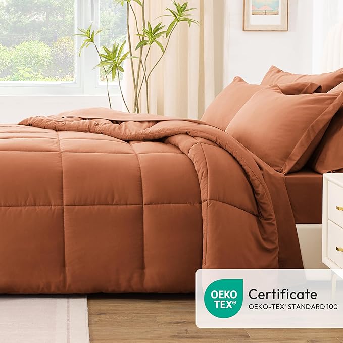 Love's cabin Queen Comforter Set Burnt Orange, 7 Pieces Queen Bed in a Bag, All Season Bedding Sets with 1 Comforter, 1 Flat Sheet, 1 Fitted Sheet, 2 Pillowcase and 2 Pillow Sham