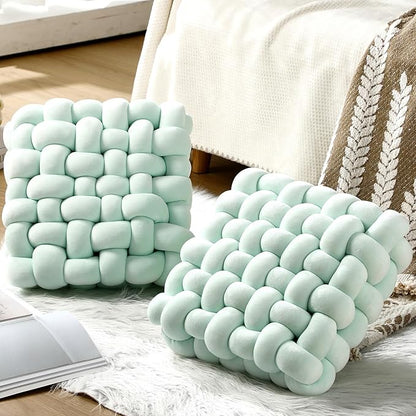 Wenqik 2 Pcs Knot Pillows Square Knotted Plush Throws Soft Accent Pillows Decoration Cushion for Couch Home Office Living Room Bedroom Bed Sofa Decor, 12'' x 13''(Light Green,Crystal Velvet)