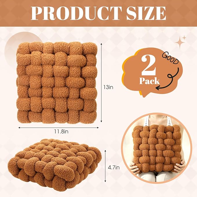 Wenqik 2 Pcs Knot Pillows Square Knotted Plush Throws Soft Accent Pillows Decoration Cushion for Couch Home Office Living Room Bedroom Bed Sofa Decor, 12'' x 13''(Caramel,Lambswool)