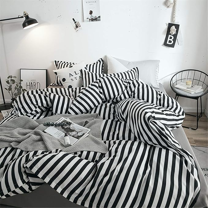 Cottonight Striped Comforter Set Queen White and Black Striped Comforter Full Vertical Modern Cotton Soft Breathable Bedding Comforter Set for Women Men Adults Kids