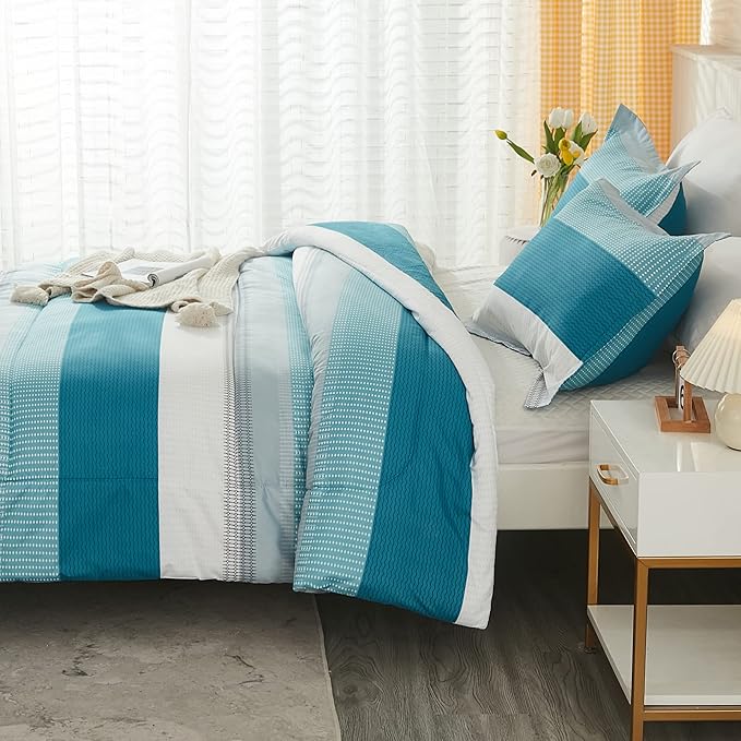 Litanika Queen Comforter Set White Teal - 3 Pieces Lightweight Fluffy Bedding Comforter Sets, All Season Down Alternative Comforter (1 Comforter, 2 Pillowcases)
