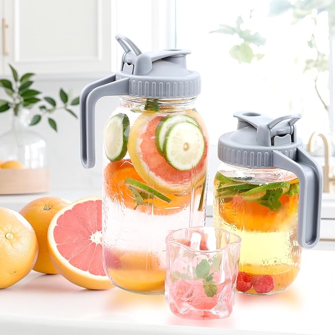 Mason Jar Pitcher Wide Mouth 2 Pack 64 OZ Glass Pitcher With Pour Spout Lids Airtight Leak-proof 2 Quart Water Carafe With Handle For Beverage, Iced Tea, Milk, Sun Tea, Lemonade, Iced Coffee
