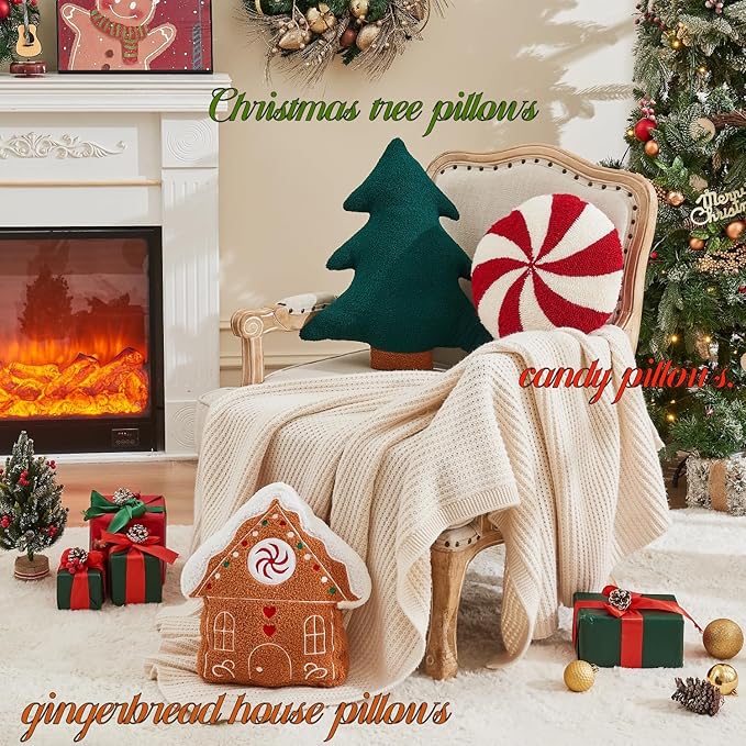 Christmas Tree Pillows Set of 2 Christmas Pillows. Tree Shaped Throw Pillows Xmas Plush Decorations Pillow Gingerbread House Candy Pillow for Thanksgiving Home Decor. Xmas Decor for Party