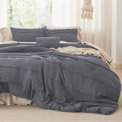 Bedsure Queen Comforter Set - 4 Pieces Pinch Pleat Bed Set, Dark Grey Boho Bedding for All Season, 1 Soft Comforter, 2 Pillowcases, 1 Decorative Pillow