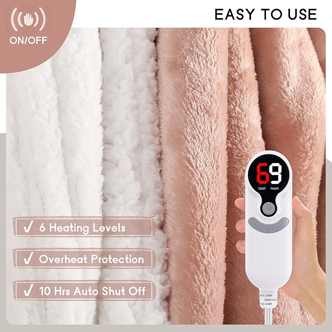 Heated Blanket Electric Blanket Full Size 72''x84'' with 9 Heating Levels, 1-10 Hour Auto Shut Off, Machine Washable, Flannel & Sherpa Soft Warming Blanket for Couch, Bed, Office - Cozy Pink