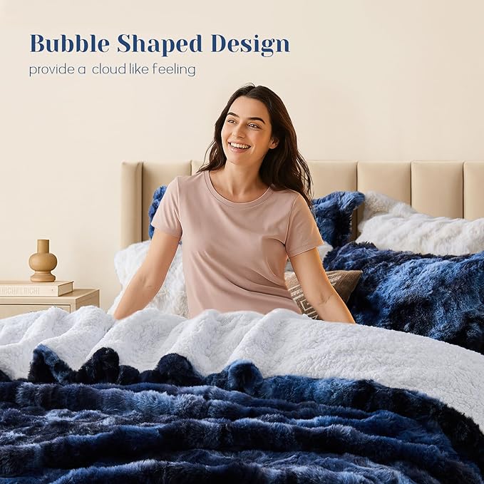 DAICO 3 Pieces Fluffy Faux Rabbit Fur Comforter Set King Size Tie Dyed Navy Plush Fuzzy Bubble Comforter Bedding Set Warm Cozy Bedding Comforter Sets for Winter, 1 Comforter and 2 Pillowcases