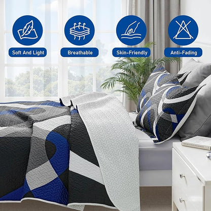 weesire Black and Blue Bedding Quilt Queen Size with 2 Shams, Modern Stripe Comforter Sets Classic Line Pattern Bedspreads Grey and Blue Coverlet, 90''x96''