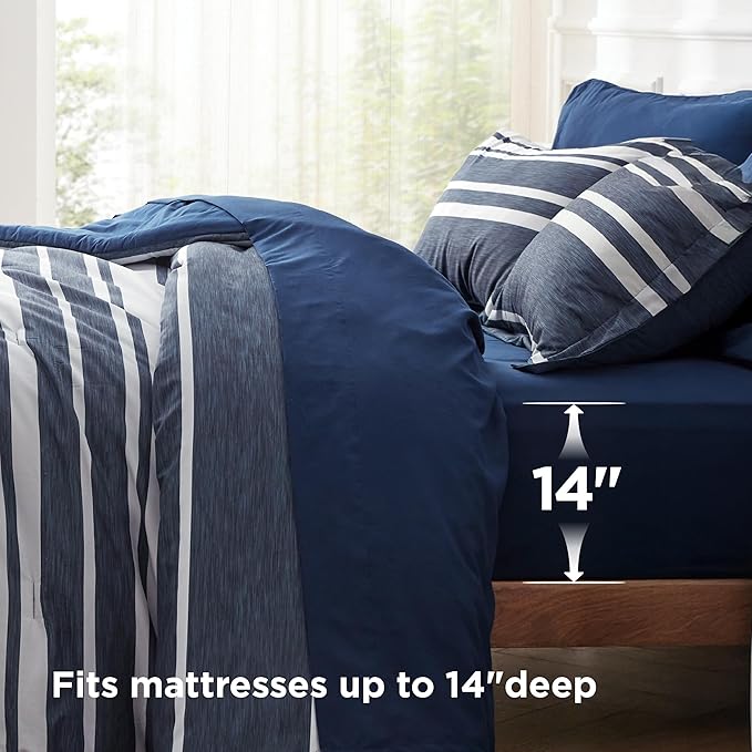 Bedsure Queen Comforter Set 7 Pieces, Blue Striped Bedding Set for All Seasons, Reversible, Cationic Dyeing Bed in a Bag with Comforter, Sheets, Pillowcases & Shams