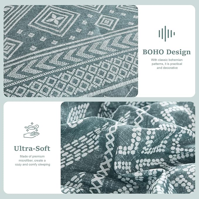 Yiran Boho Aztec Comforter Set Queen Size, Grayish Blue Comforter Bedding Set, 7 Piece Bed in a Bag, Soft Microfiber Bohemian Striped Complete Bedding Set with Sheets for All Season