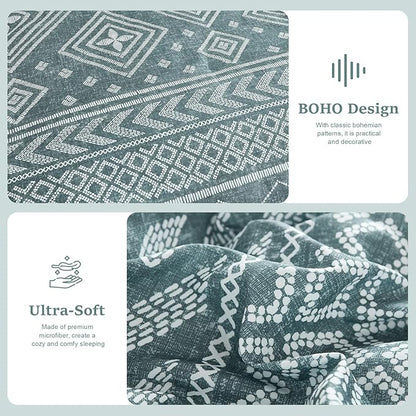 Yiran Boho Full Size Comforter Set, Grayish Blue Aztec Comforter Bedding Set, 7 Piece Bed in a Bag, Soft Microfiber Bohemian Striped Complete Bedding Set with Sheets for All Season