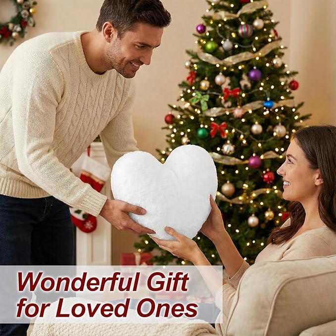 Nydotd Heart Pillows Cute Fuzzy Throw Pillow White Love Heart Shaped Decorate Pillows for Bed Livingroom Sofa Gifts Home Decor Cushion Small 11.8" x 10"