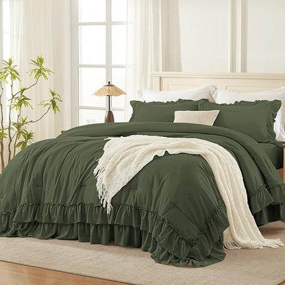 Andency Olive Green Full Size Comforter Set (79x90Inch), 3 Pieces Fluffy Shabby Chic Ruffle Bedding Comforter Sets, All Season Soft Lightweight Microfiber Bed Set