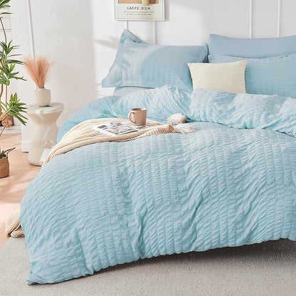 HYMOKEGE Lake Blue Twin Comforter Set Seersucker 5 Pieces, All Season Luxury Bed in a Bag for Bedroom, Bedding Set with Comforters, Sheets, Pillowcase & Shams