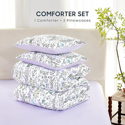 Wake In Cloud - Floral Comforter Set, Shabby Chic Cottage Garden Botanical Flower Style with Elegant Wildflower Pattern, Soft Lightweight Bedding, 3 Pieces, Purple White, Full Size