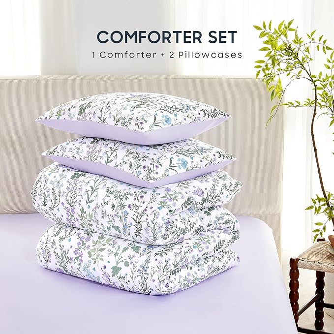 Wake In Cloud - Floral Comforter Set, Shabby Chic Cottage Garden Botanical Flower Style with Elegant Wildflower Pattern, Soft Lightweight Bedding, 3 Pieces, Purple White, Queen Size