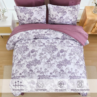 DJY Purple Comforter Set King, 7 Pieces Dark Purple Botanical Comforters King Size Elegant Plants Print with Sheets Bed in a Bag Soft Microfiber Reversible Complete Bedding Sets for All Season